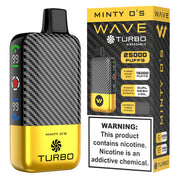 WAVE Turbo 25000 disposable vape device shown with sleek design and compact size, featuring WAVE branding.
