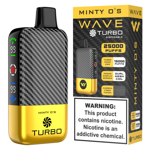 WAVE Turbo 25000 disposable vape device shown with sleek design and compact size, featuring WAVE branding.