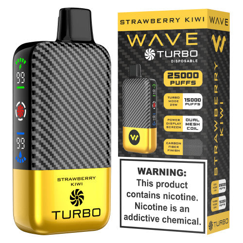 Wave Turbo 25000 disposable vape pen, sleek design with blue accents, compact and portable for easy use.