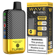 Wave Turbo 25000 disposable vape pen with sleek design and compact size, featuring a mouthpiece and colorful body.