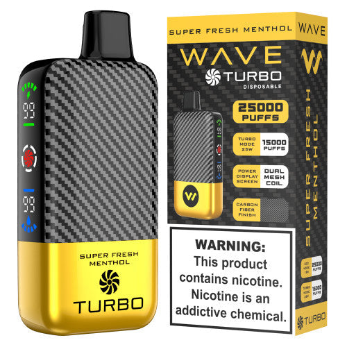 Wave Turbo 25000 disposable vape pen with sleek design and compact size, featuring a mouthpiece and colorful body.