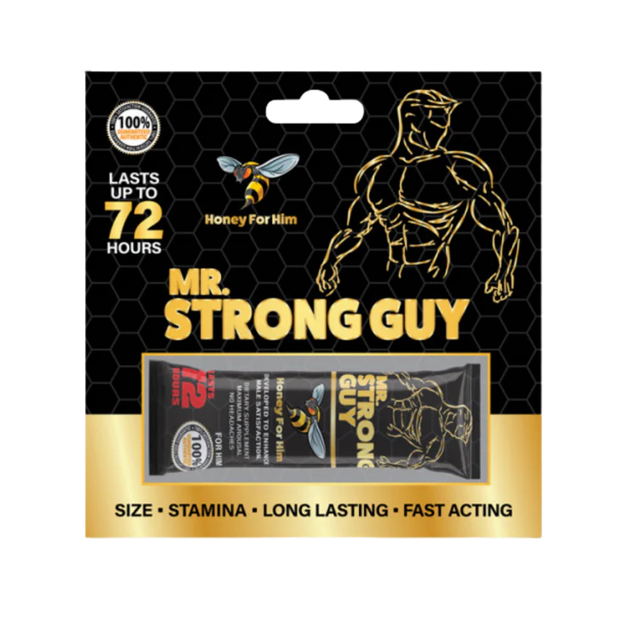 Royal Honey VIP Mr. Strong Guy Honey dietary supplement jar with golden honey and vibrant branding label.
