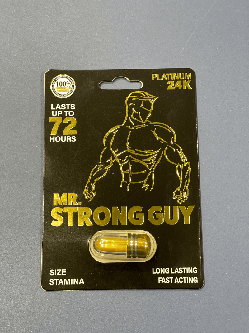 Royal Honey VIP Mr. Strong Guy Pills dietary supplement bottle with label and capsules, designed to enhance male vitality.