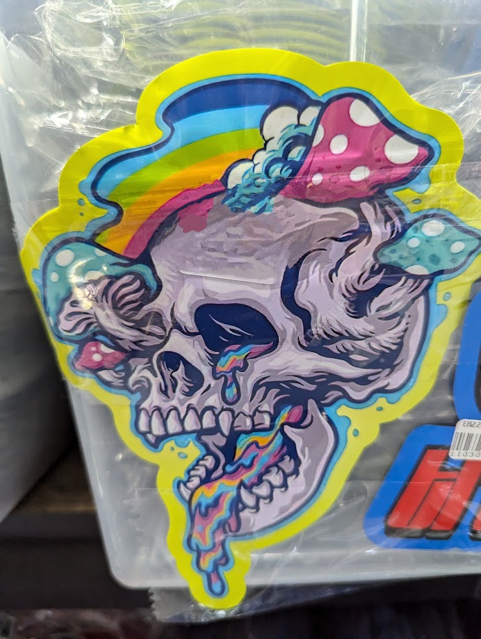 Skull Shroom Mylar Bags, 50-pack, smell-proof storage pouches from The Baggie Store, featuring a skull and shroom design.