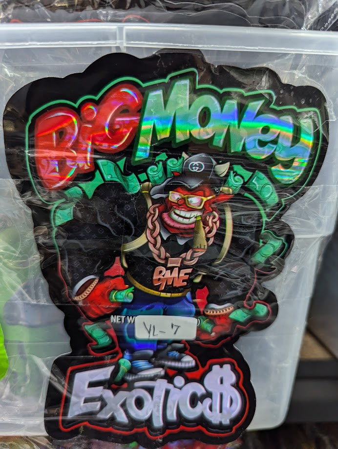 Smell-proof Big Money Exotics Mylar Bags by The Baggie Store, 50-pack, shown with sealed, shiny metallic finish for storage.