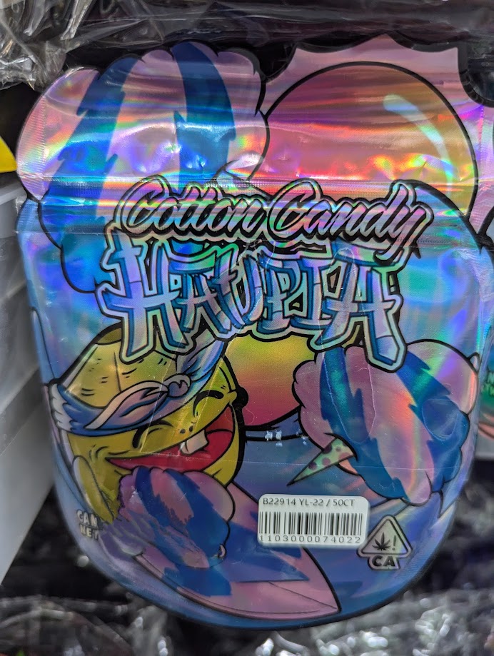 Smell-proof Cotton Candy Haupina Mylar Bags by The Baggie Store, 50-pack, shiny silver foil storage pouches, resealable and durable.