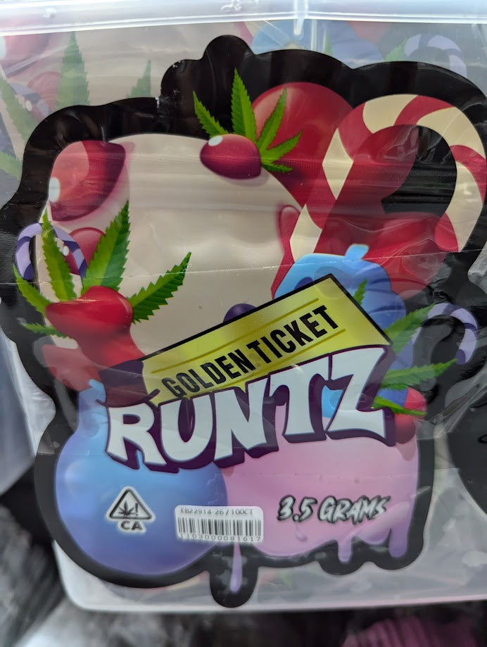 Golden Ticket Runtz smell-proof Mylar bags by The Baggie Store, 50-pack, featuring bright gold design and resealable closures.