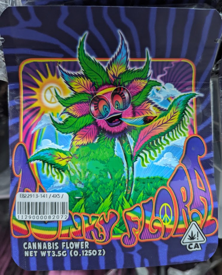 Smell-proof Funky Flora Mylar Bags by The Baggie Store, 50-pack, shown with resealable zipper and colorful floral design.