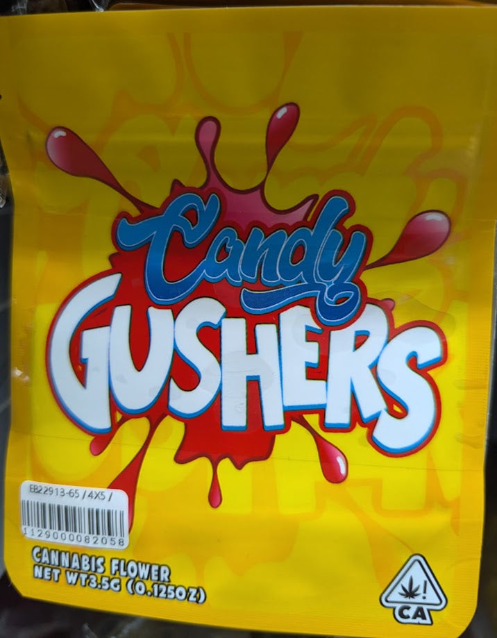 Smell-proof Candy Gushers Mylar Bags, 50-pack, featuring colorful, resealable packaging for secure storage from The Baggie Store