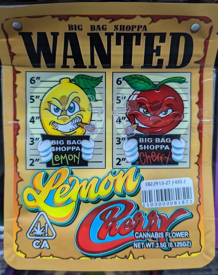 Smell-proof Lemon Cherry Mylar bags from The Baggie Store, 50-pack, featuring resealable, durable storage for herbs or snacks.
