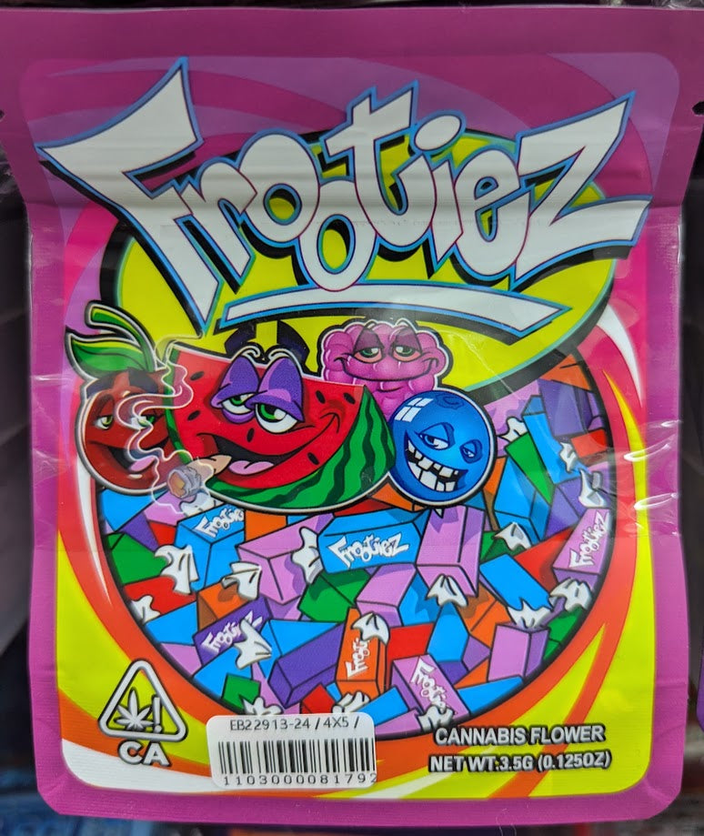 Smell-proof Frootiez Mylar bags by The Baggie Store, 50-pack, with resealable zipper and shiny silver finish.