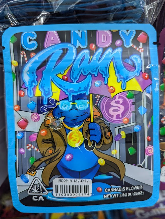 Smell-proof Candy Rain Mylar Bags in a pack of 50 from The Baggie Store, durable resealable bags for storage.
