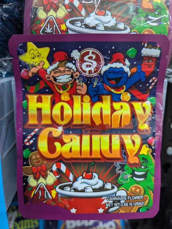 Smell-proof Holiday Candy Mylar Bags by The Baggie Store, 50-pack, featuring festive holiday-themed designs and resealable closures.