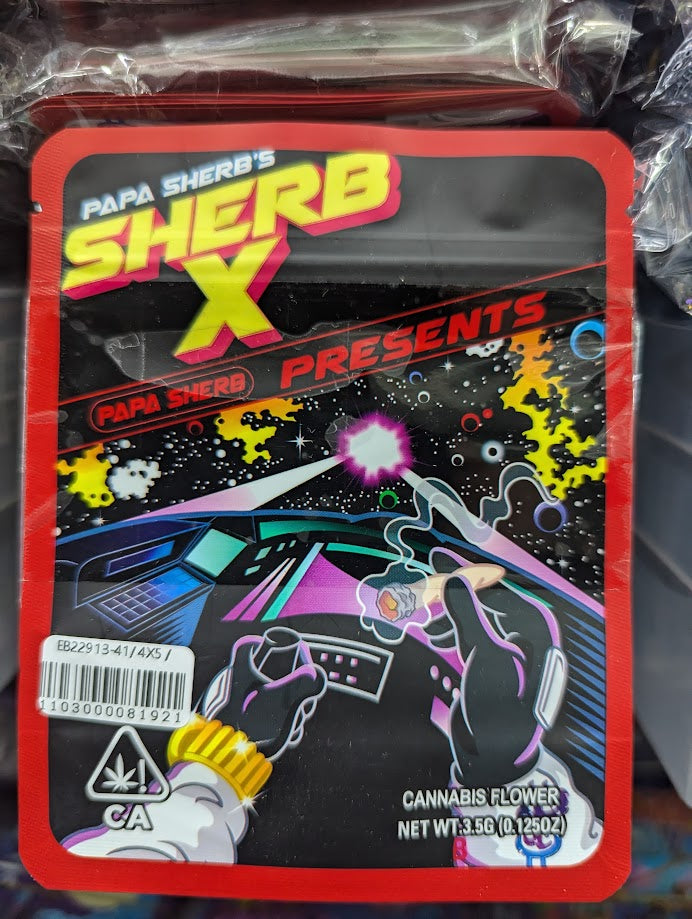 Set of 50 smell-proof Sherb X Mylar Bags by The Baggie Store, featuring durable, resealable packaging for discreet storage.