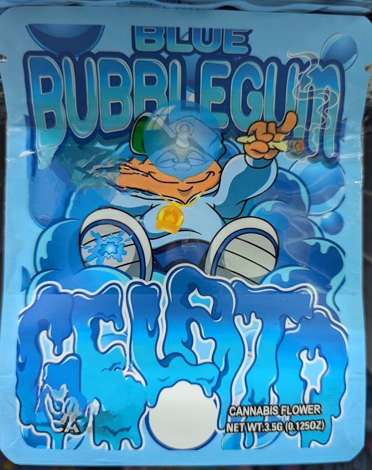 Blue Bubblegum Smell Proof Mylar Bags from The Baggie Store, 50-pack, showing resealable foil packaging for storage.