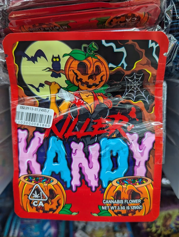 Smell-proof Killer Kandy Mylar Bags by The Baggie Store, 50-pack, with shiny silver finish for discreet storage of small items.