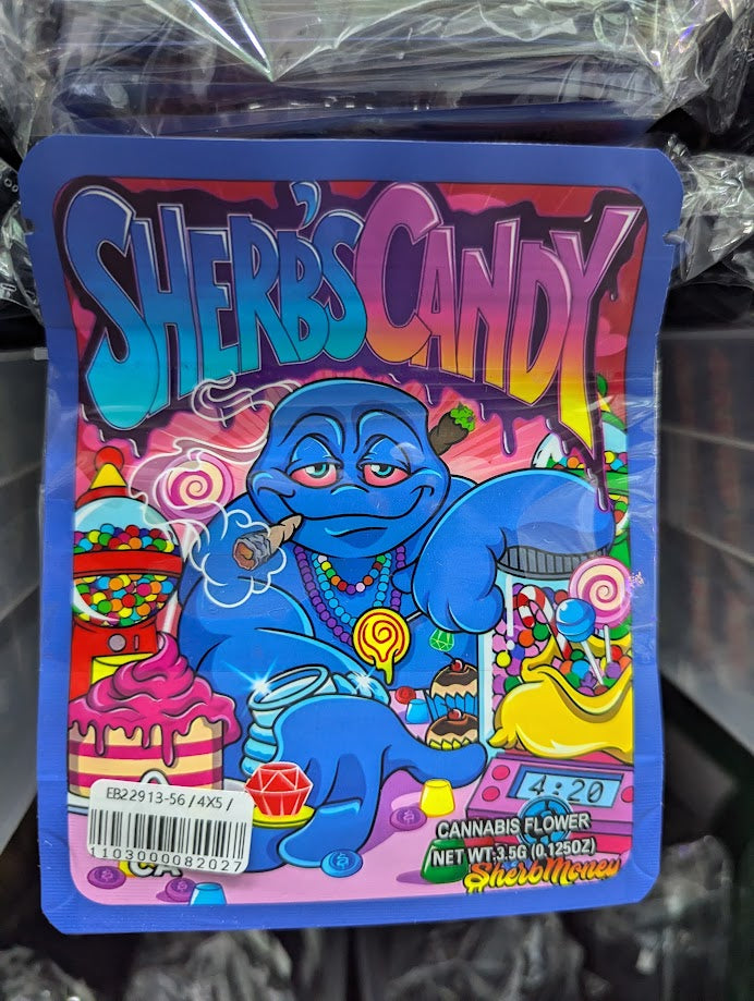 Set of 50 Sherb's Candy Mylar Bags from The Baggie Store, smell-proof and resealable for discreet storage.