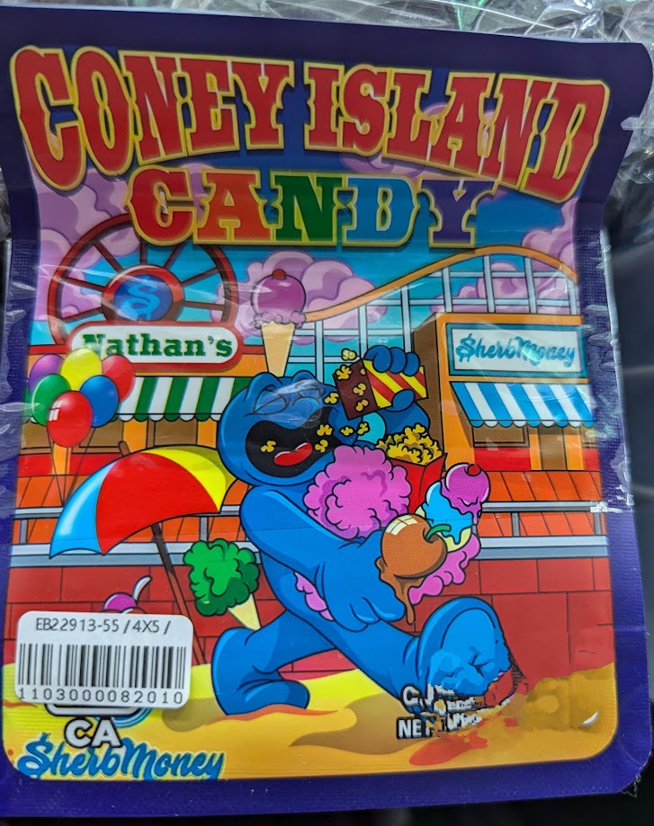 Smell-proof Coney Island Candy Mylar bags by The Baggie Store, 50-pack, featuring colorful candy designs on durable packaging.