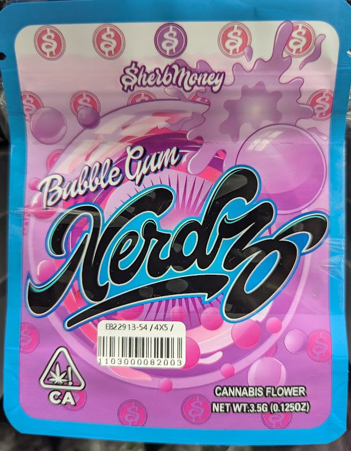 Smell proof Bubble Gum Nerdz Mylar Bags by The Baggie Store, 50-pack, featuring colorful bubble gum design on durable storage bags.