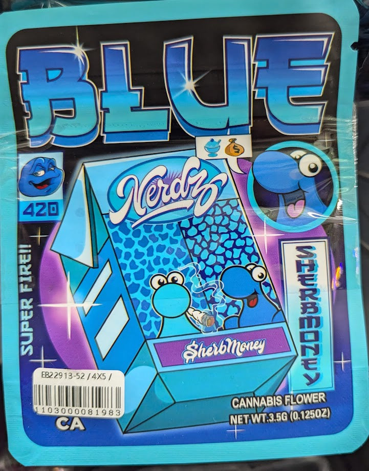 Blue Nerdz smell-proof mylar bags from The Baggie Store, 50-pack, featuring resealable, durable storage for snacks or small items.