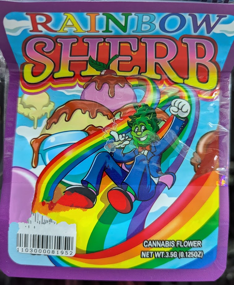 Rainbow Sherb smell-proof Mylar bags by The Baggie Store, 50-pack, colorful, resealable storage for herbs or snacks.