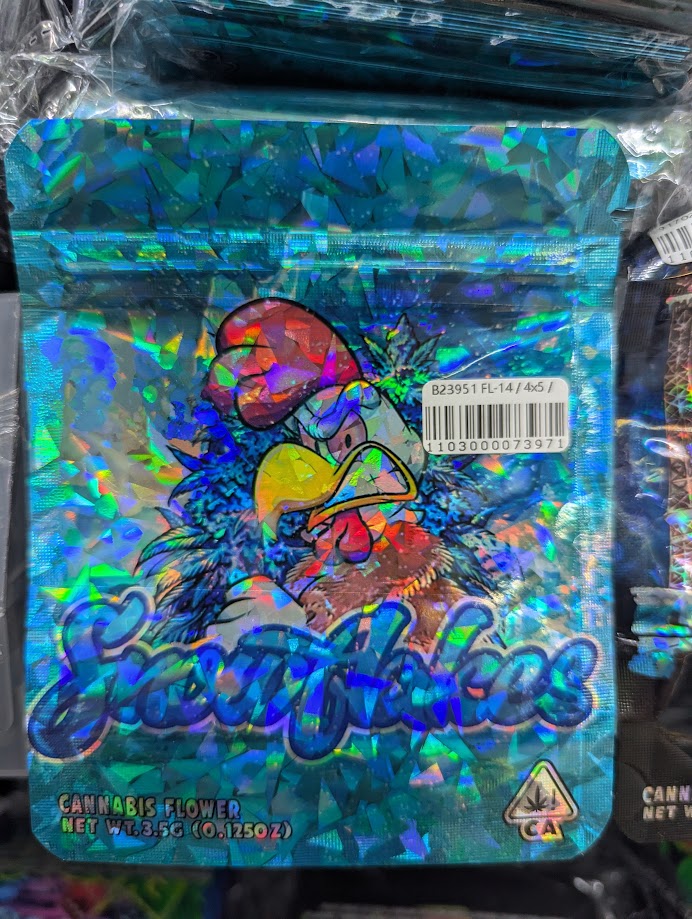 Hologram rooster design on smell-proof Mylar bags, pack of 50, used for secure storage and packaging.