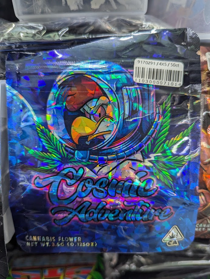 Smell-proof Cosmic Adventure hologram Mylar bags from The Baggie Store, 50-pack, shiny colorful packaging for storage.