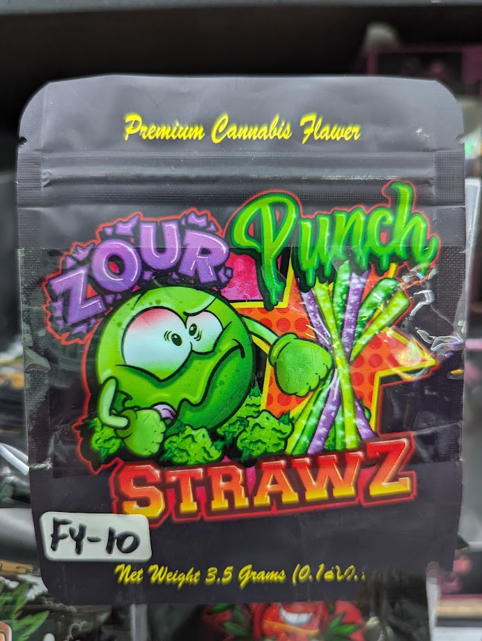 Smell-proof Zour Punch Straws Mylar Bags by The Baggie Store, 50-pack, showing sealed, durable black foil packaging for storage.