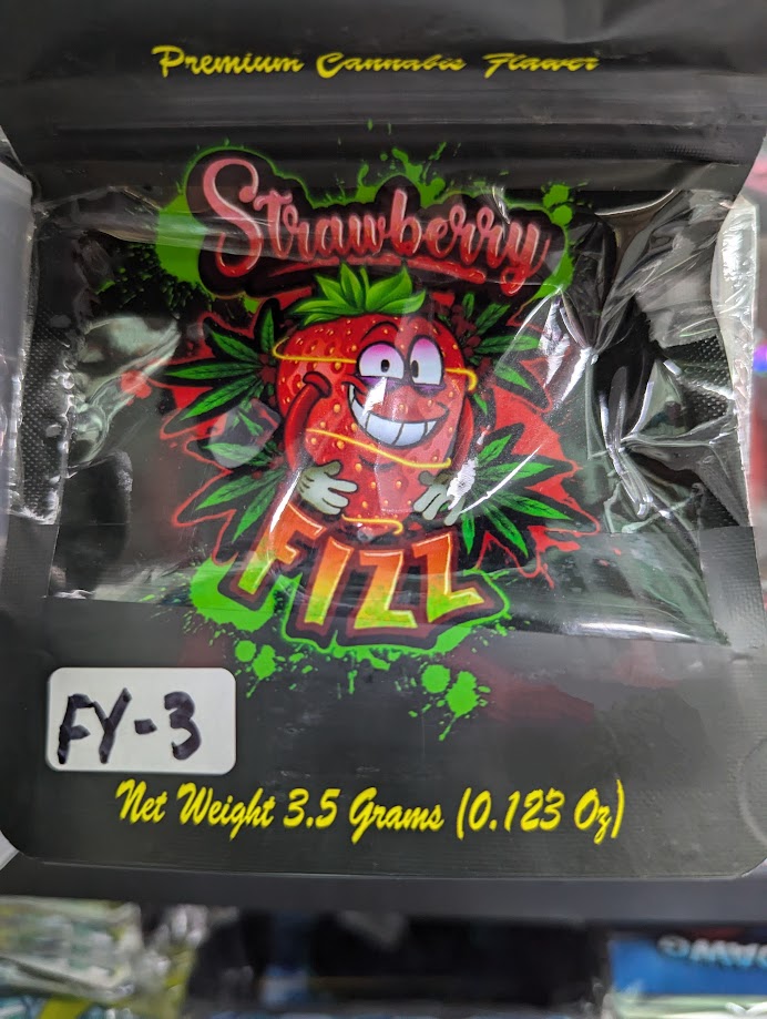 Smell proof Strawberry Fizz Mylar Bags from The Baggie Store, 50-pack, featuring vibrant strawberry design and resealable closure.