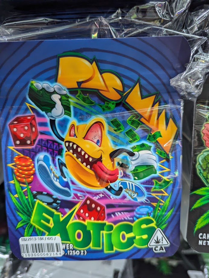 Smell-proof PacMan Exotics Mylar Bags by The Baggie Store, 50-pack, featuring colorful PacMan design and resealable closure.