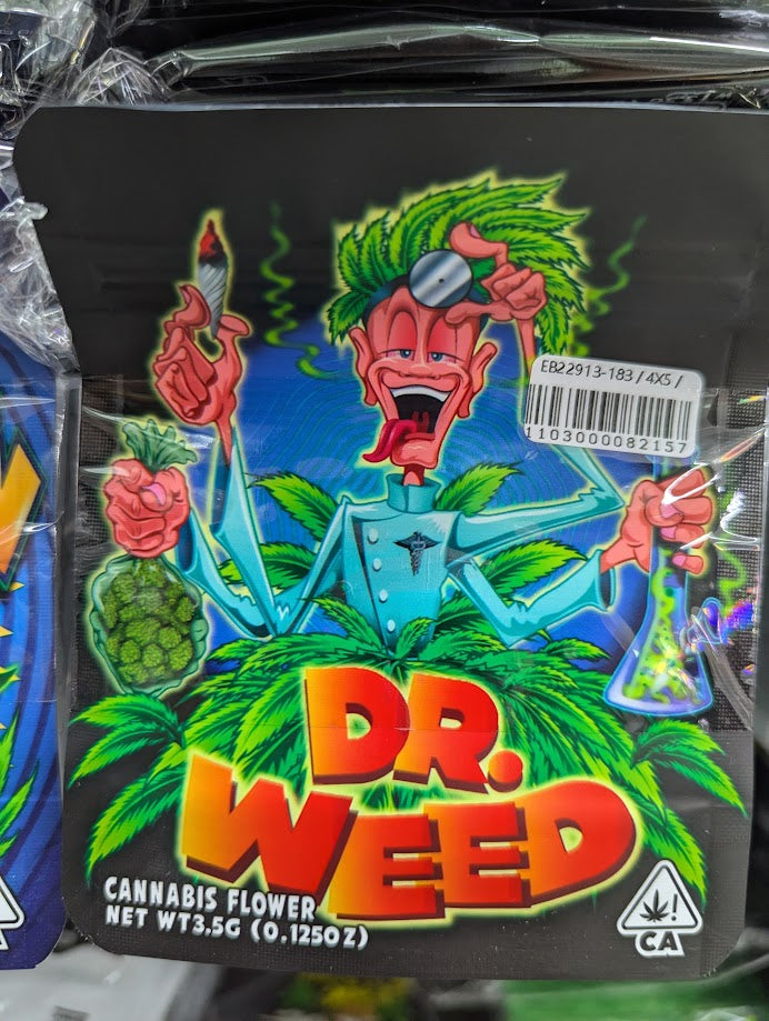Smell-proof Dr. Weed Mylar Bags from The Baggie Store, 50-pack, with resealable zippers and durable silver foil for storage.