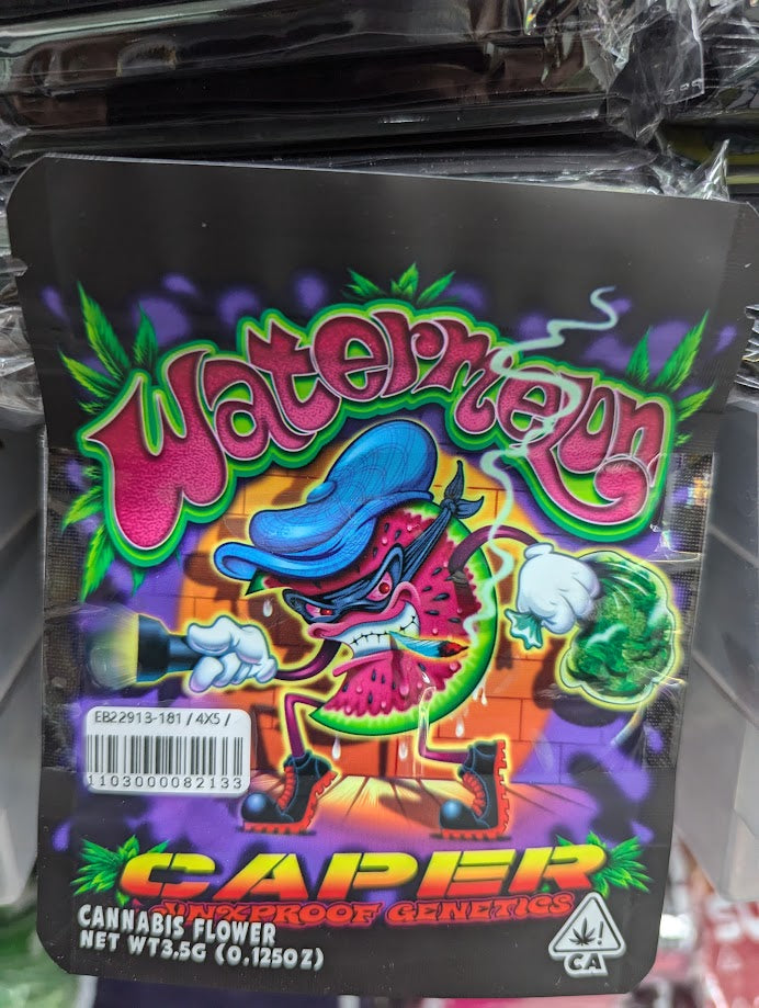 Set of 50 smell-proof Watermelon Caper Mylar Bags by The Baggie Store, featuring colorful watermelon design for discreet storage.