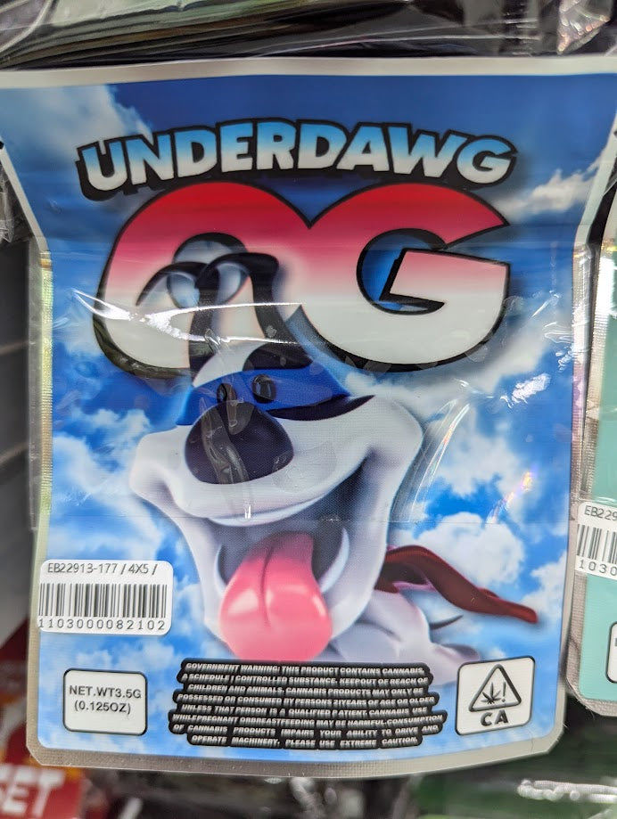 Smell-proof Underdawg OG Mylar bags by The Baggie Store, 50-pack, featuring resealable, durable storage for snacks or herbs.