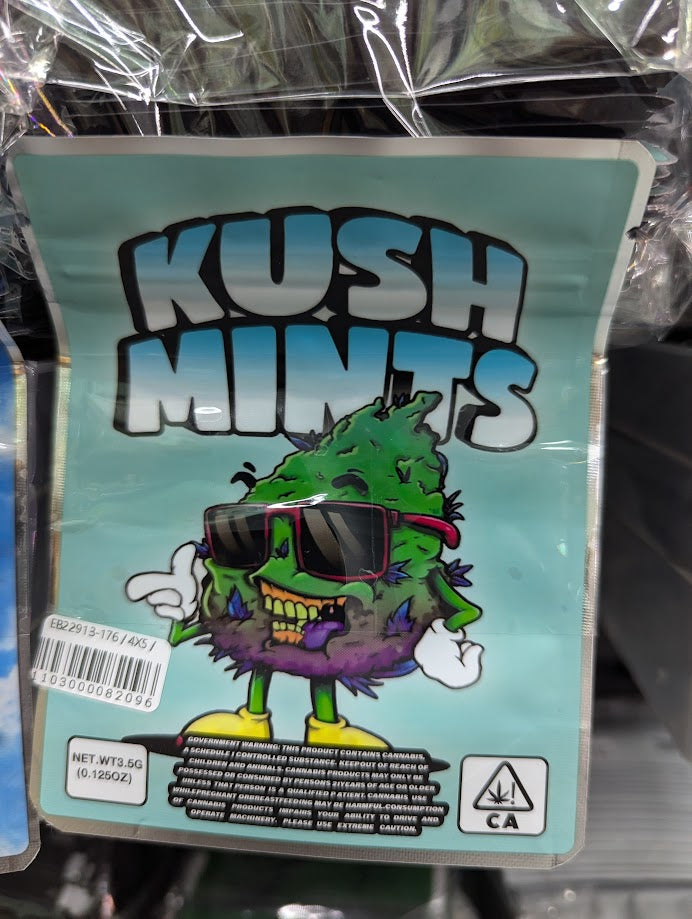 Smell-proof Kush Mintz Mylar Bags by The Baggie Store, 50-pack, with resealable closures and durable silver foil material.