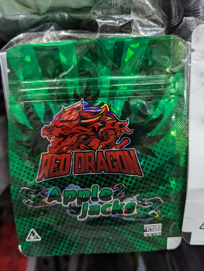 Red Dragon Apple Jacks smell-proof Mylar bags, 50-pack, featuring red dragon design for secure storage and freshness.