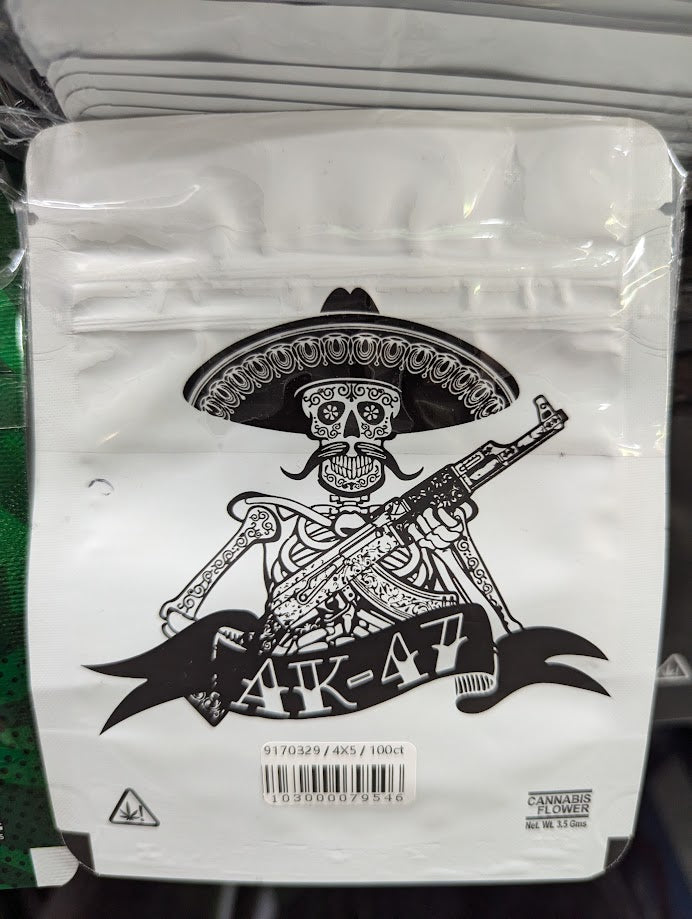 Smell proof AK-47 Mylar bags from The Baggie Store, 50-pack, durable silver resealable storage bags for sensitive items.