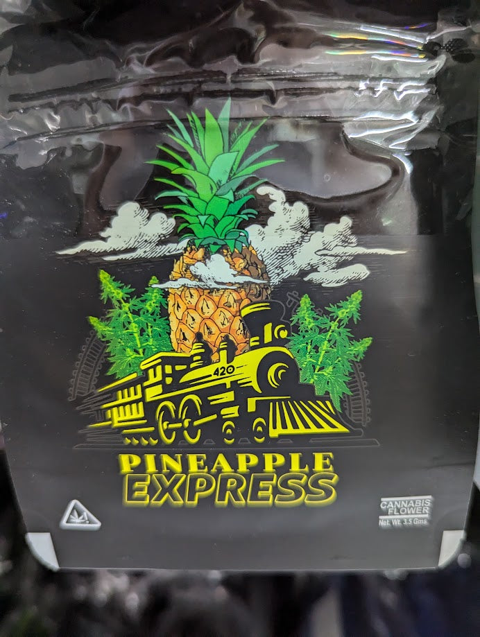 Smell-proof Pineapple Express Mylar Bags from The Baggie Store, 50-pack, showing silver, resealable storage for herbs or snacks.