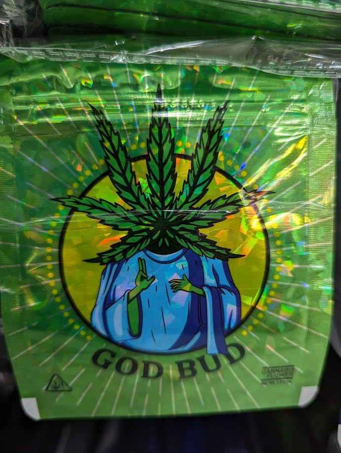 Smell-proof God Bud Mylar bags, 50-pack, with resealable closures, designed for secure storage of herbs and concentrates.