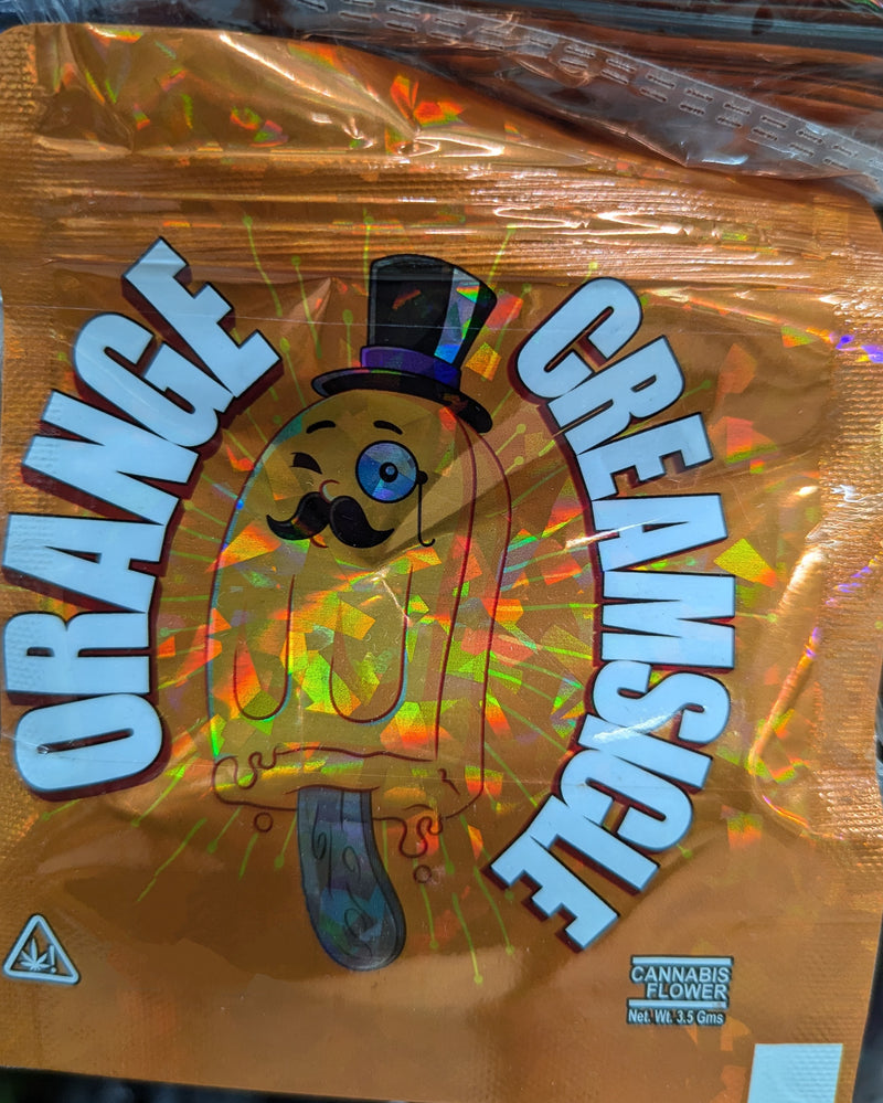 Smell proof Orange Creamsicle Mylar bags by The Baggie Store, 50-pack, featuring orange and cream design for discreet storage.