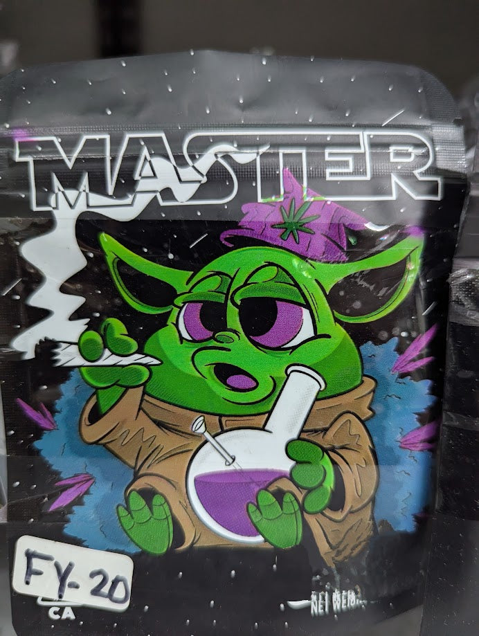 Smell-proof Master Yoda Mylar bag with green design, 50-pack from The Baggie Store, ideal for discreet storage.