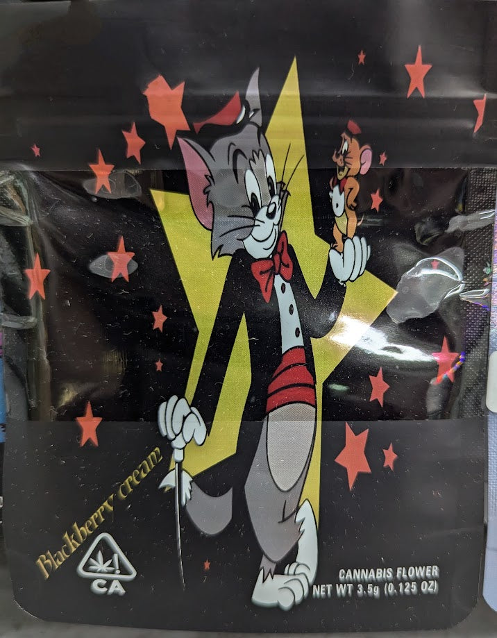Smell-proof Tom & Jerry Blackberry Cream Mylar bags, 50-pack, featuring colorful cartoon characters for secure storage.