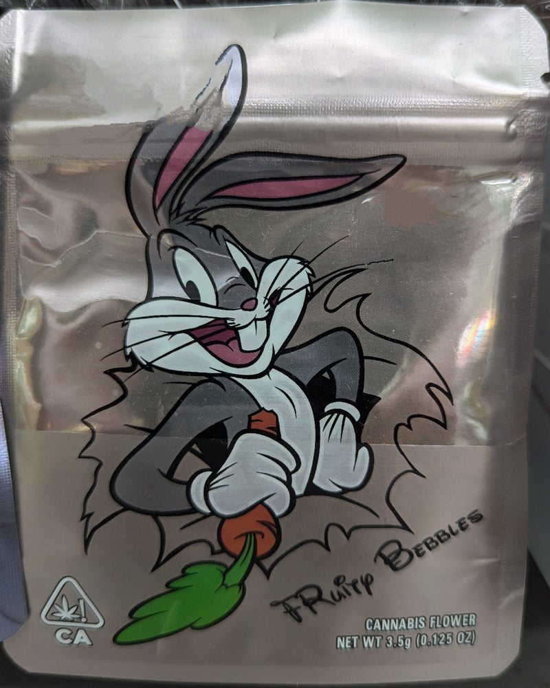 Smell-proof Bugs Bunny Fruity Bebbles Mylar bags, 50-pack, featuring colorful cartoon design for storing snacks or small items.