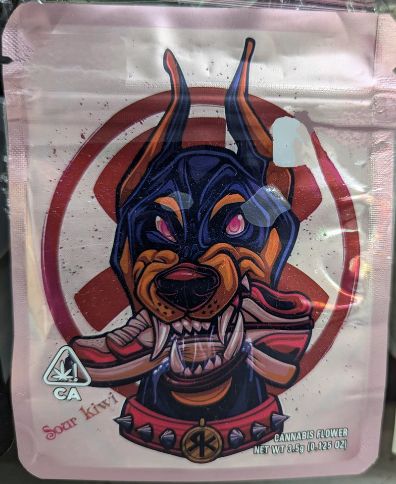 Smell-proof Doberman Sour Kiwi Mylar bags, 50-pack, with resealable closures and colorful Doberman design for secure storage.