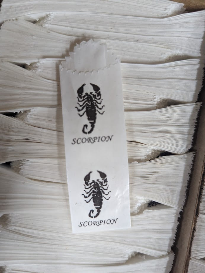 Vellum Glassine Stamp Wax Paper Envelope Bags with Scorpion design, moisture-resistant wax bags for stamps and collectibles.