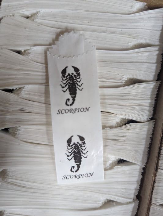 Vellum Glassine Stamp Wax Paper Envelope Bags with Scorpion design, moisture-resistant wax bags for stamps and collectibles.