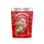 Black cherry gummies from Space Gods Super Sour Space Heads featuring vibrant, glossy black cherry-flavored gummy candies.