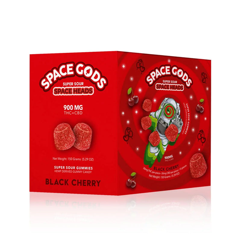 Space Gods Super Sour Space Heads gummies in black cherry flavor, showing vibrant black cherry-colored candy with sour coating.
