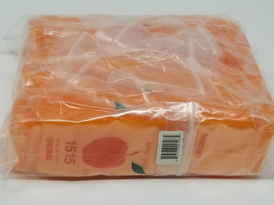 Orange 1515 Original Apple Bags, 1.5x1.5-inch resealable bags with a colorful, transparent design for storage or packaging.