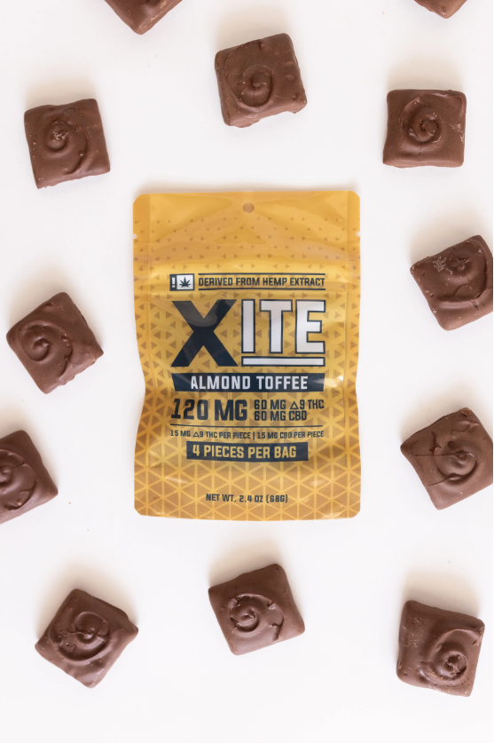 Xite D9 Almond Toffee CBD and D9 THC edible, featuring almond toffee flavor with 15mg CBD and 15mg D9 THC per piece.