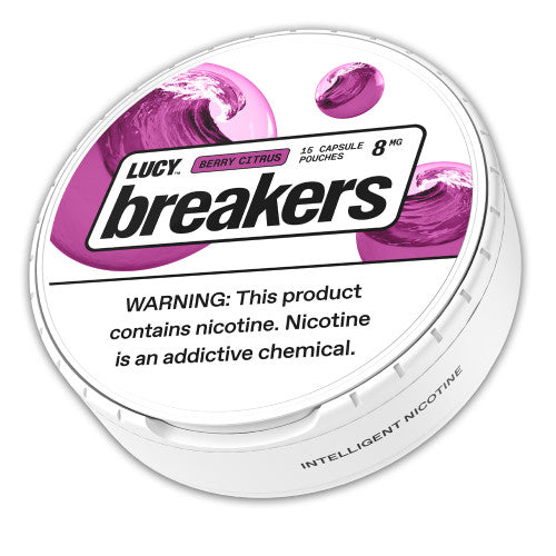LUCY Lucy Breakers 8MG energy drink cans in a 5-can sleeve, featuring colorful packaging and branding.